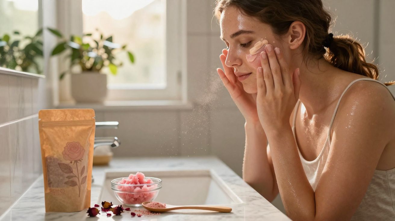 Mulher aplicando creme facial com produtos de cuidados na bancada do banheiro iluminado.