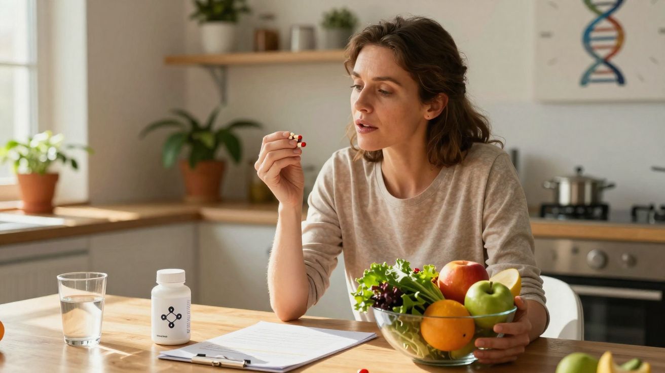 Mulher segurando cápsulas perto de uma tigela com frutas e legumes em cozinha iluminada.