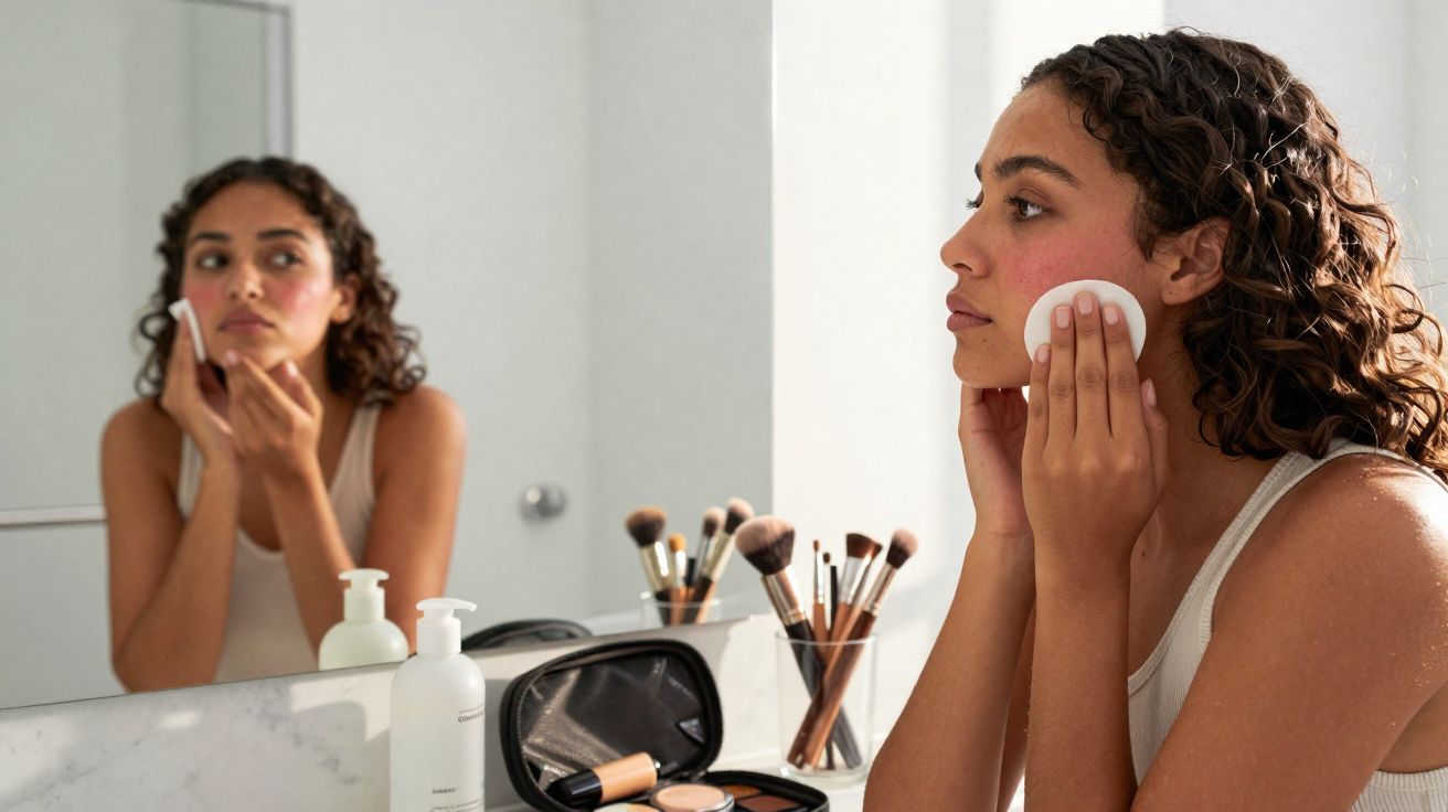 Mulher aplicando produto de cuidados na pele com algodão em frente ao espelho no banheiro.