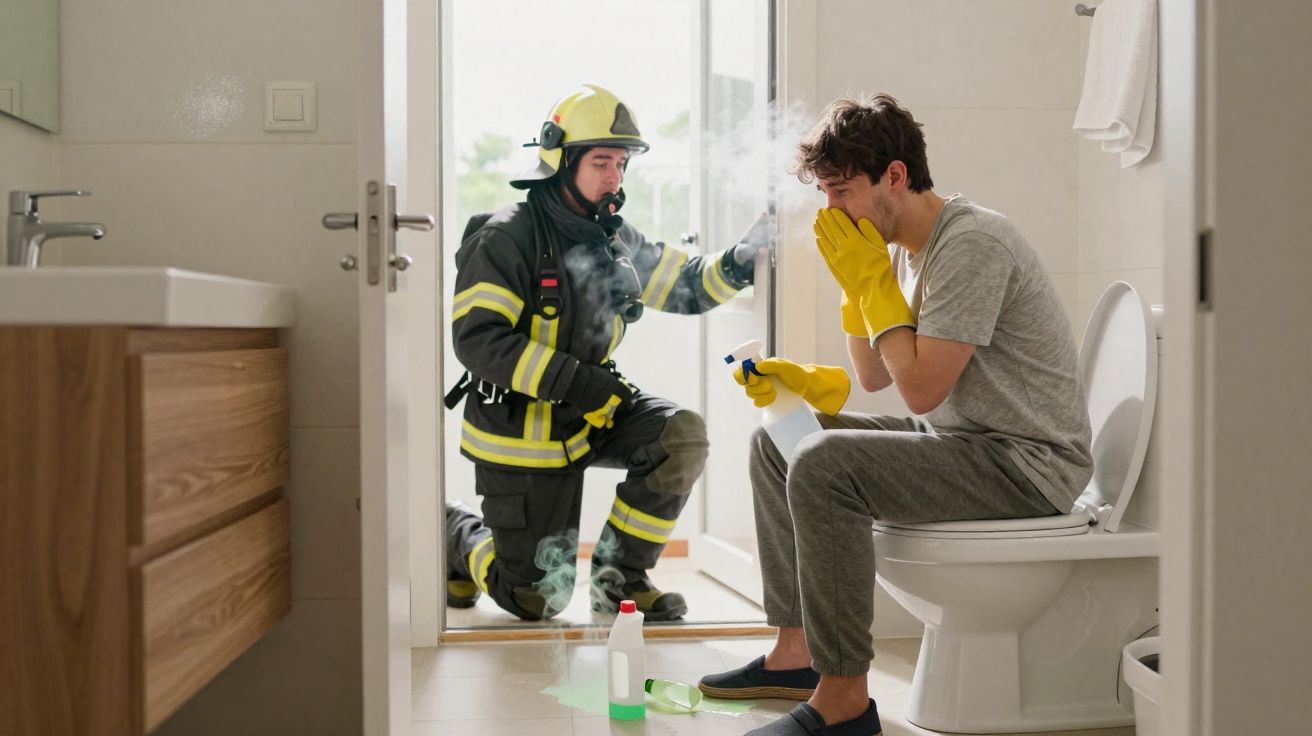 Bombeiro cuidando de homem com irritação nos olhos causada por produto químico em banheiro.