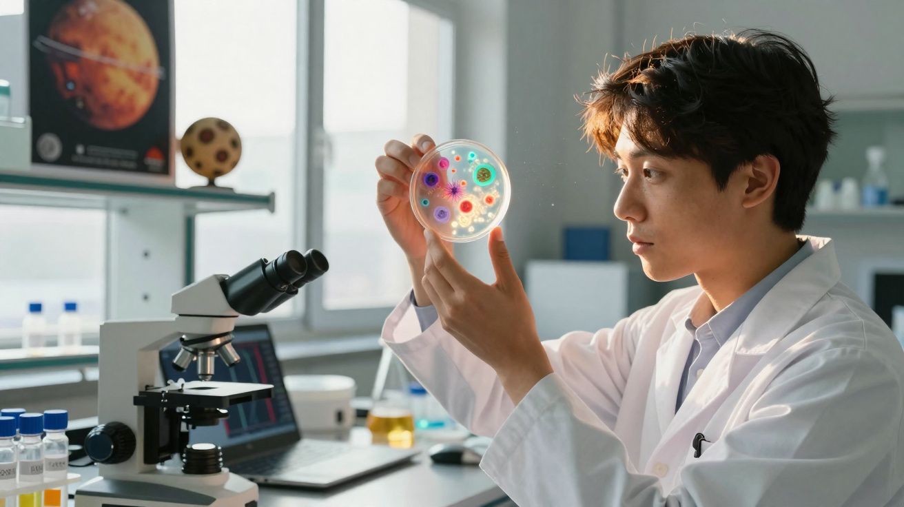 Cientista em laboratório analisando placa de Petri com colônias coloridas de bactérias.