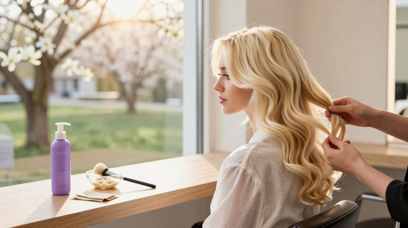 Mulher loira sentada em salão com profissional arrumando seu cabelo ondulado longo.