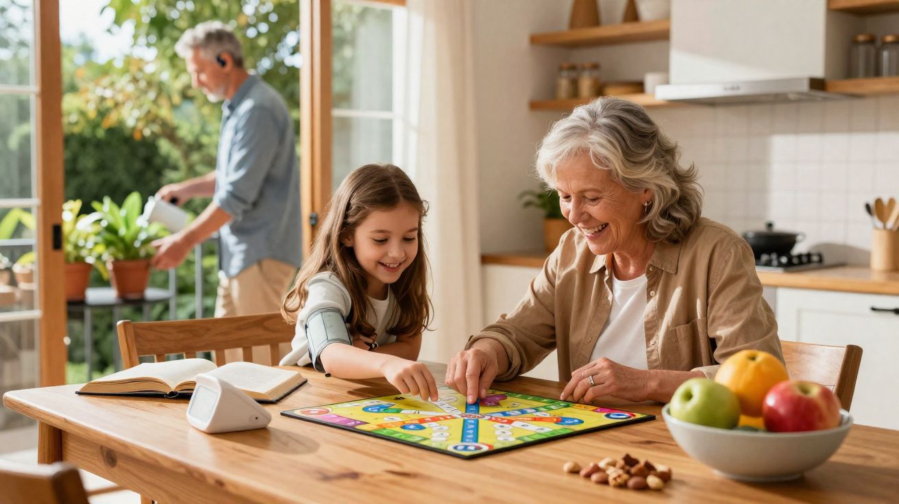 Criança e idosa jogam jogo de tabuleiro enquanto homem rega plantas no fundo da cozinha iluminada.