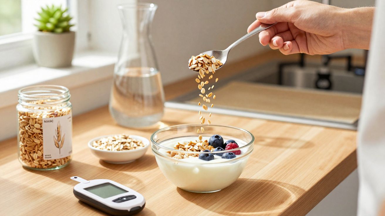 Pessoa colocando granola com colher em tigela de iogurte com frutas, ao lado de medidor de glicose e jarra d'água.