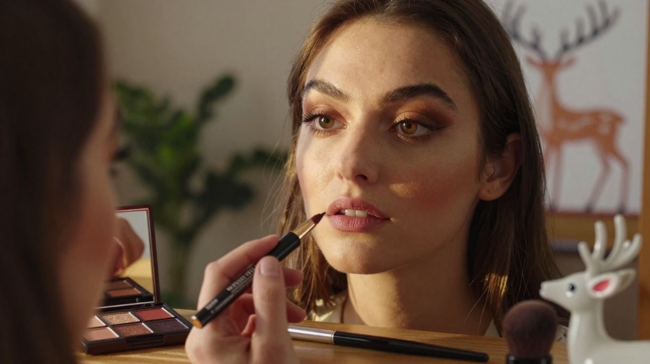 Mulher aplicando lápis labial, refletida em espelho, com paleta de sombras e pincel na frente.