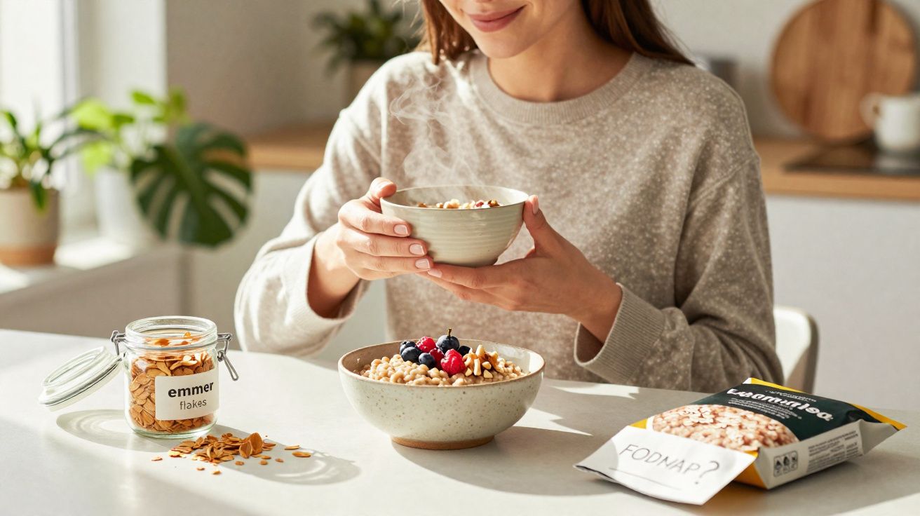 Mulher com suéter bege segurando tigela de cereal, mesa com jarra de flocos e pacote de cereal.