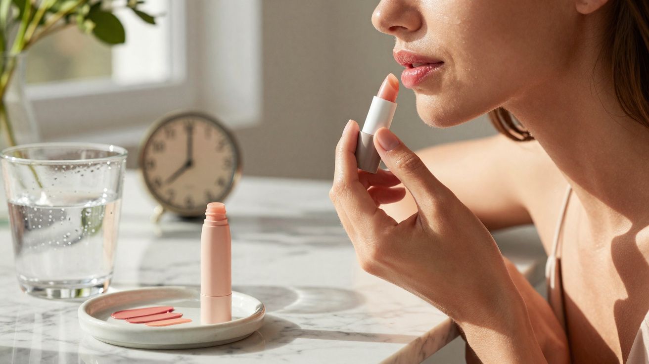 Mulher aplicando batom coral em ambiente iluminado, com batom e copo d'água sobre mesa de mármore.