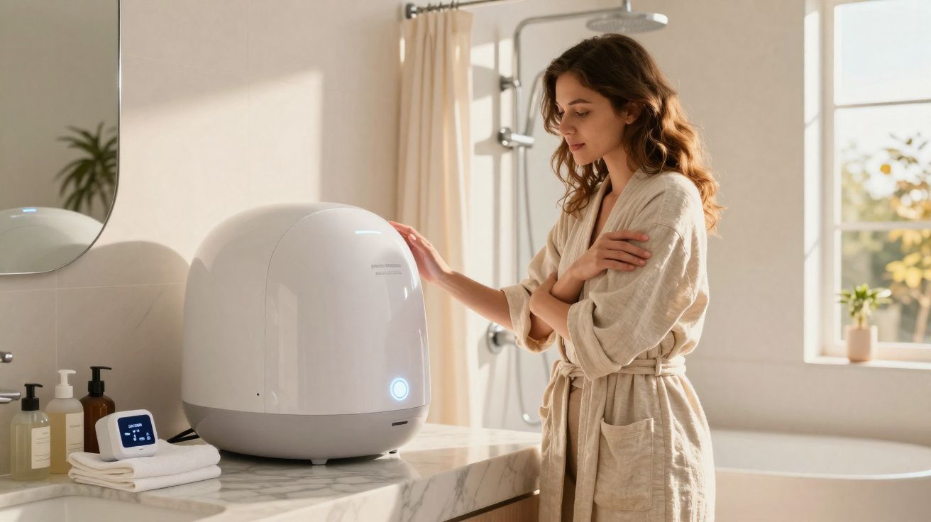 Mulher em robe bege usando um aparelho branco moderno em bancada de banheiro iluminado.