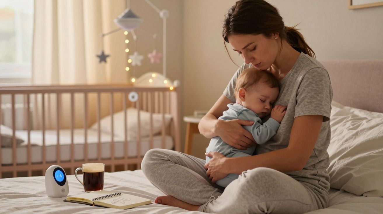 Mãe abraçando bebê dormindo no quarto, com berço ao fundo, em ambiente acolhedor e tranquilo.