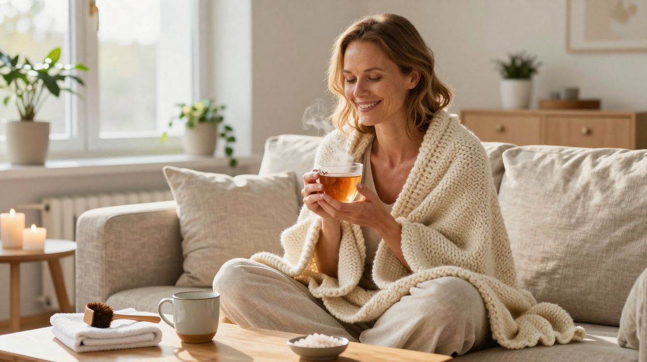 Mulher relaxada com manta tomando chá quente em sala aconchegante com velas e plantas ao fundo.