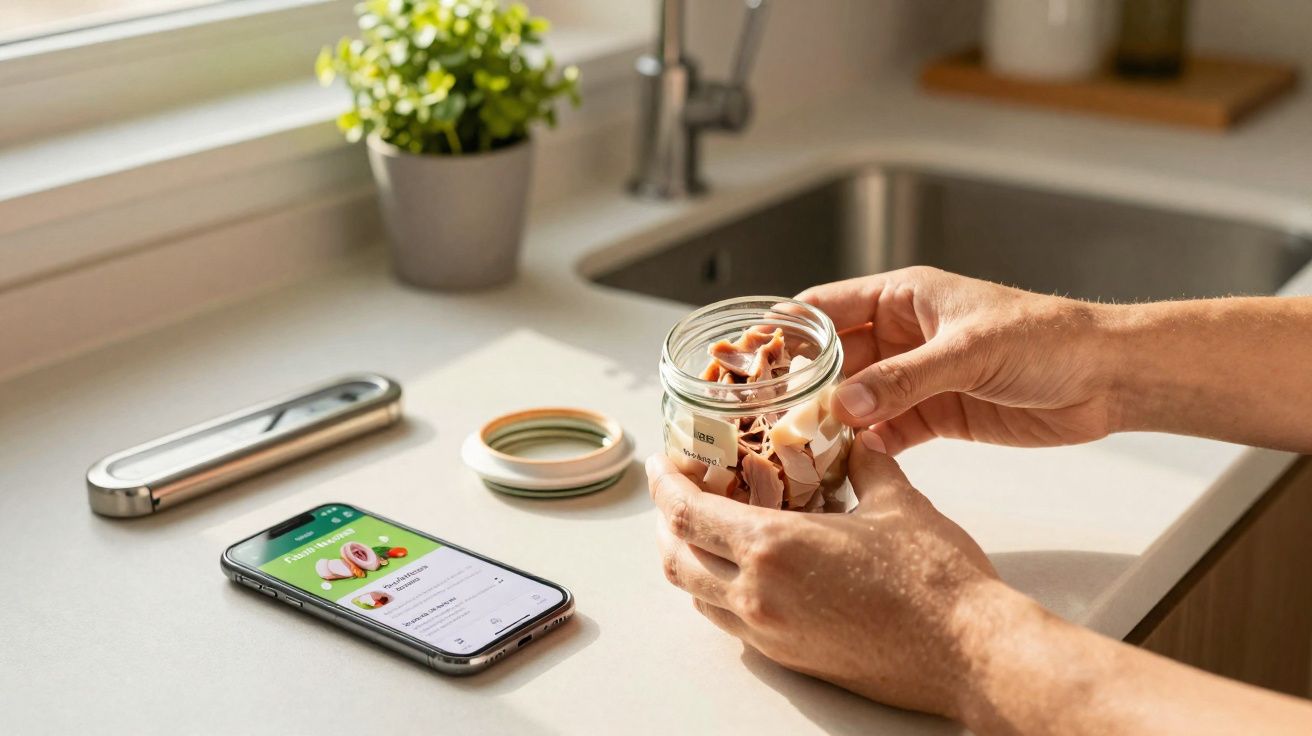 Pessoa segurando pote de vidro com amostras ao lado de celular numa bancada de cozinha.