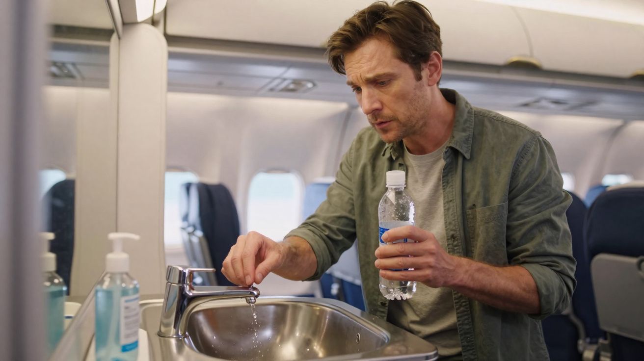 Homem em avião segurando garrafa de água, abrindo torneira na pia do banheiro da aeronave.