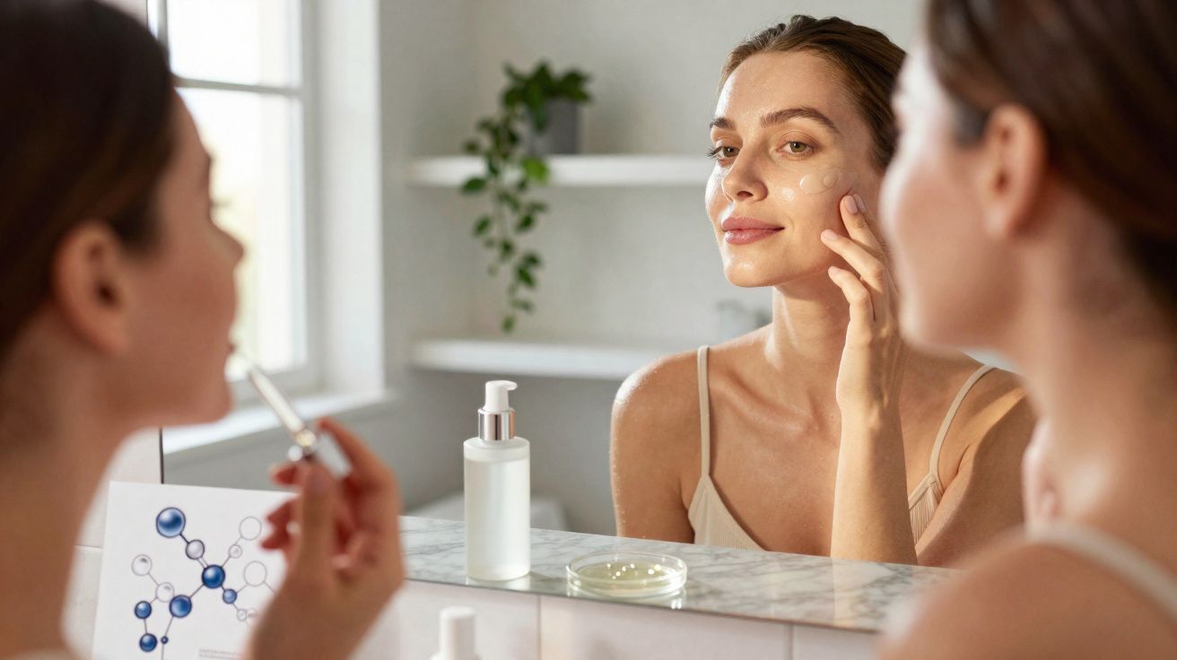Mulher aplicando creme hidratante no rosto diante de espelho em ambiente claro e tranquilo.