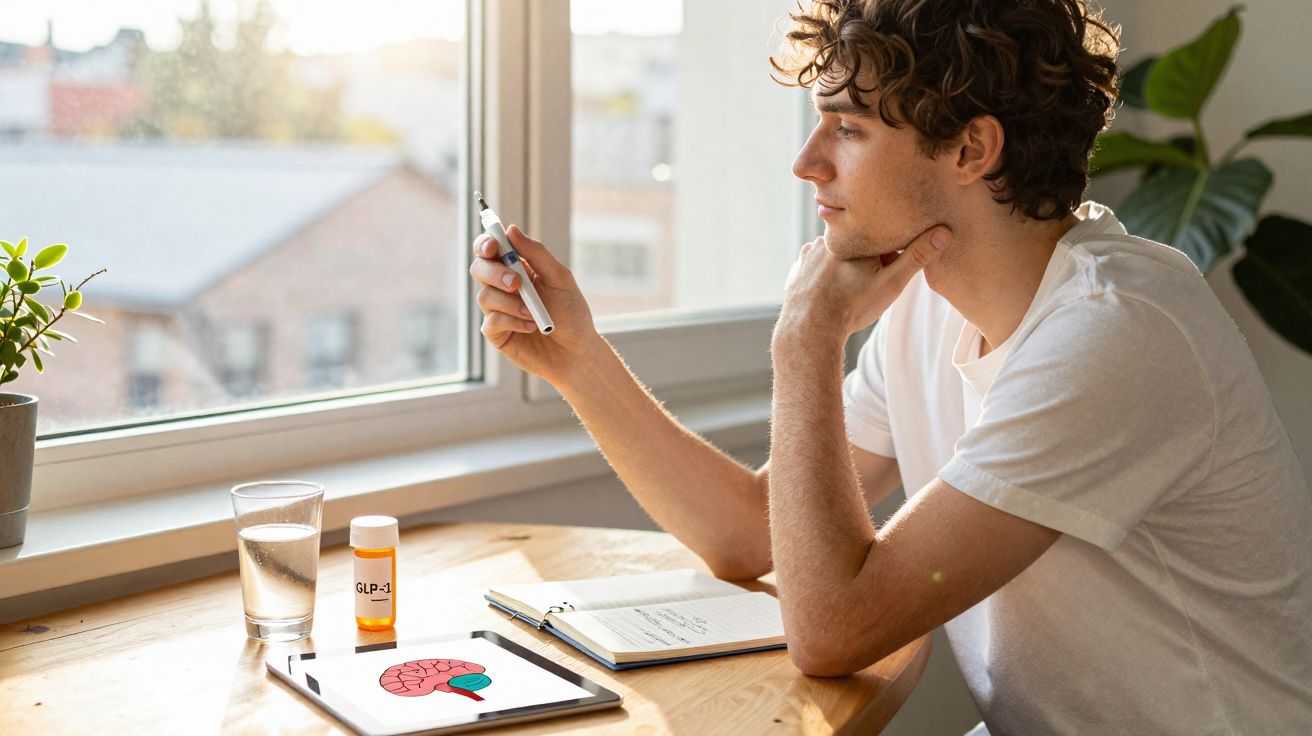 Jovem sentado à mesa olhando para um aparelho digital, com remédio, copo d'água e tablet ao lado.