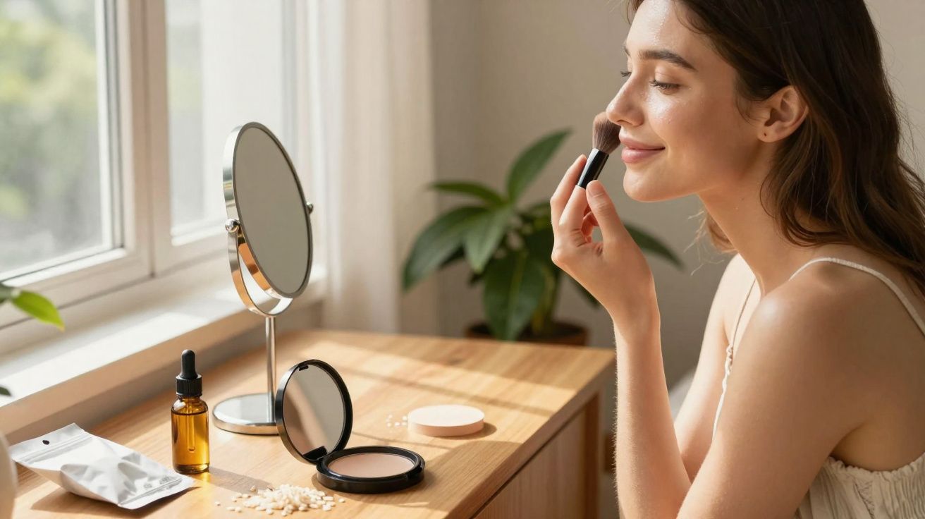 Mulher sorrindo aplicando batom em frente a espelho em penteadeira com produtos de beleza.