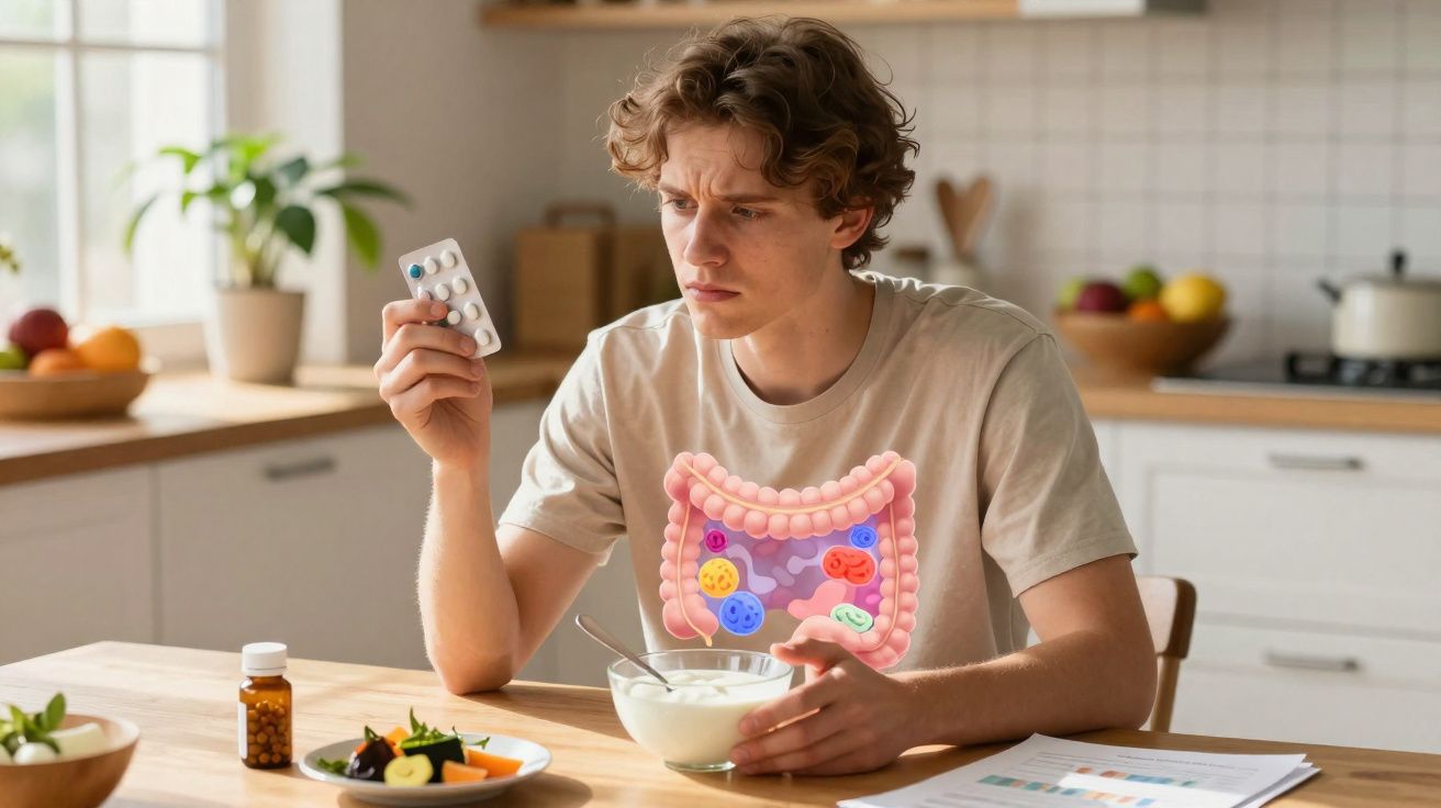 Jovem preocupado olhando para remédio, com ilustração do intestino sobre o corpo, sentado à mesa com alimentos.