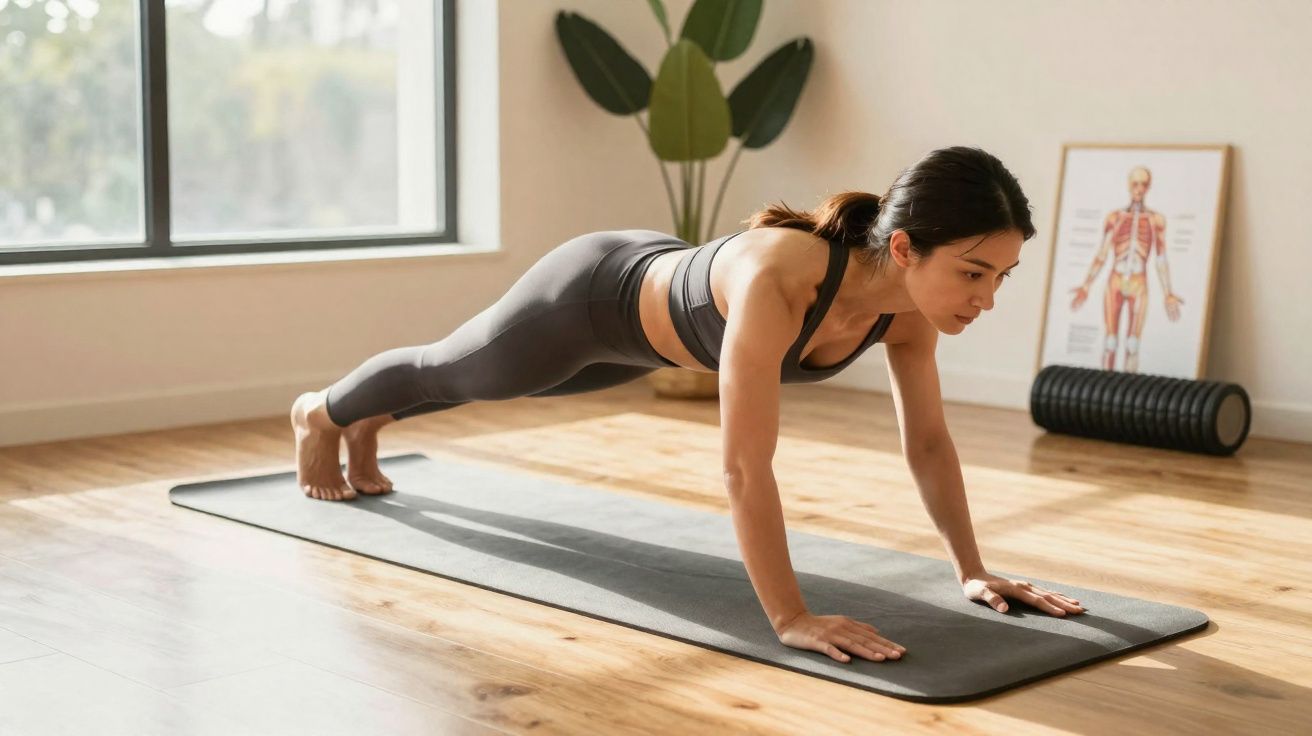 Mulher em roupa de ginástica fazendo prancha com os braços estendidos sobre tapete em sala iluminada.