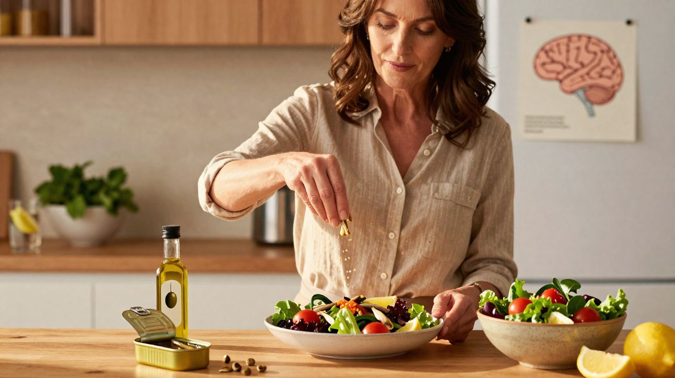 Mulher temperando salada com azeite na cozinha, com potes de salada, limão e azeite na bancada.
