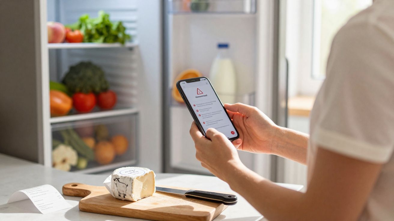 Pessoa segurando celular com alerta de segurança, queijo e faca sobre tábua, cozinha com geladeira ao fundo.