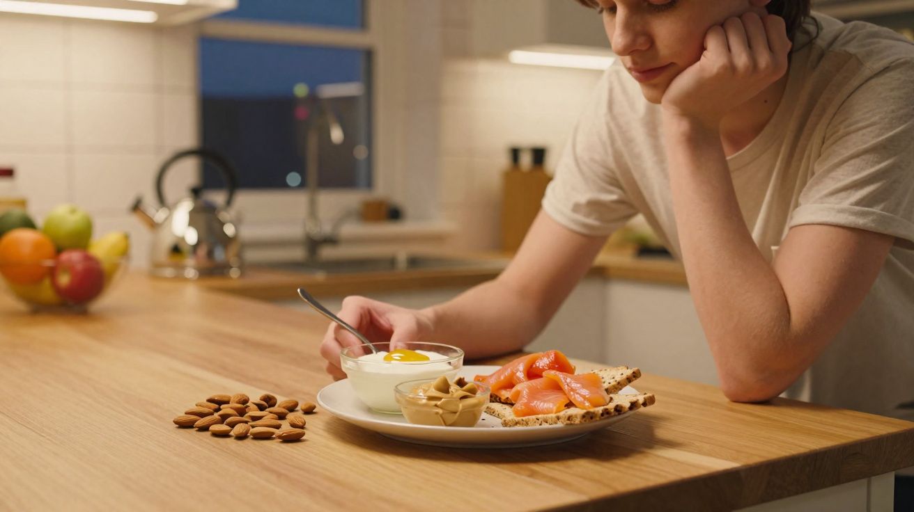 Pessoa segura colher junto a prato com iogurte, ovos, amêndoas e torradas com salmão em mesa de madeira.