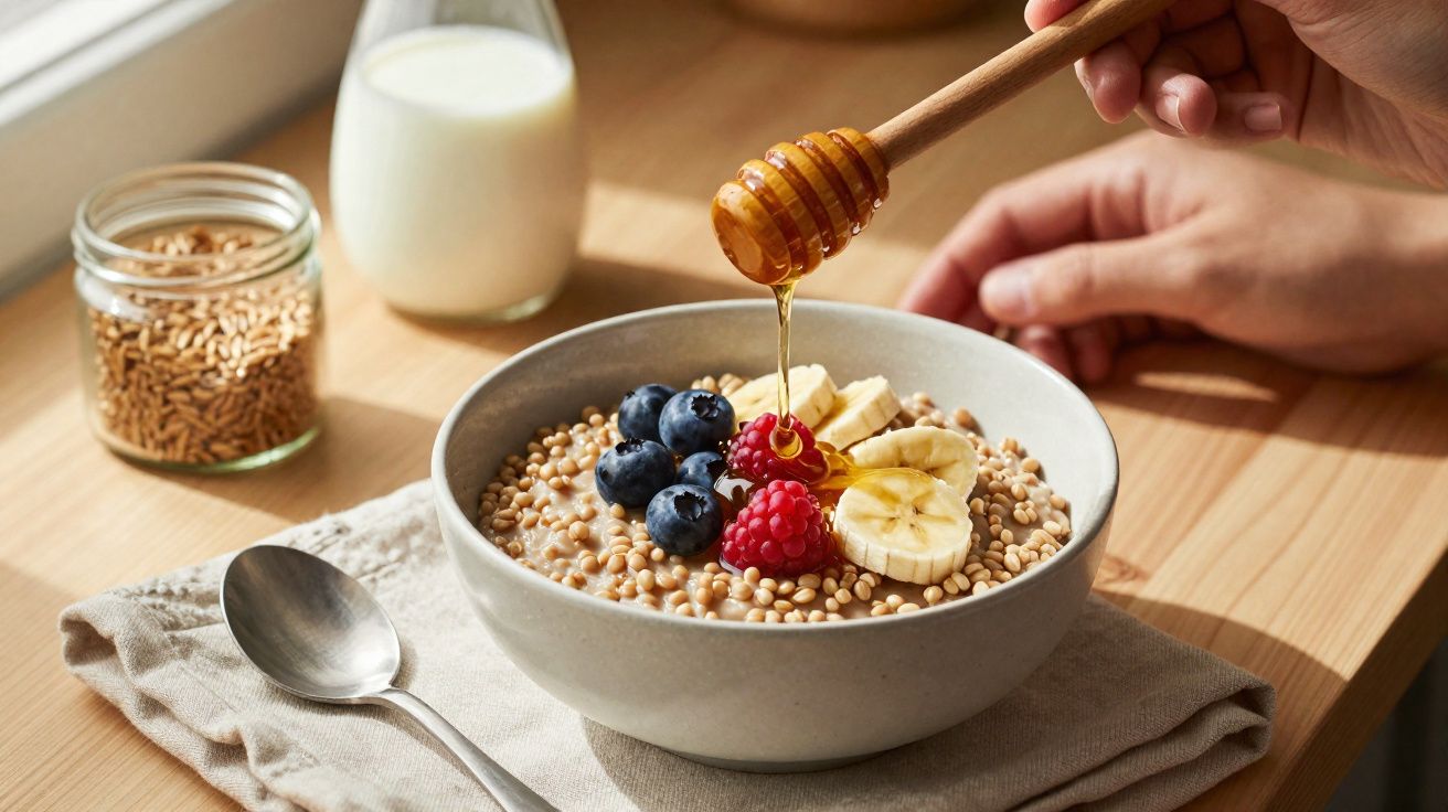 Tigela com mingau, frutas vermelhas, banana e mel sendo derramado, ao lado de copo de leite e colher.
