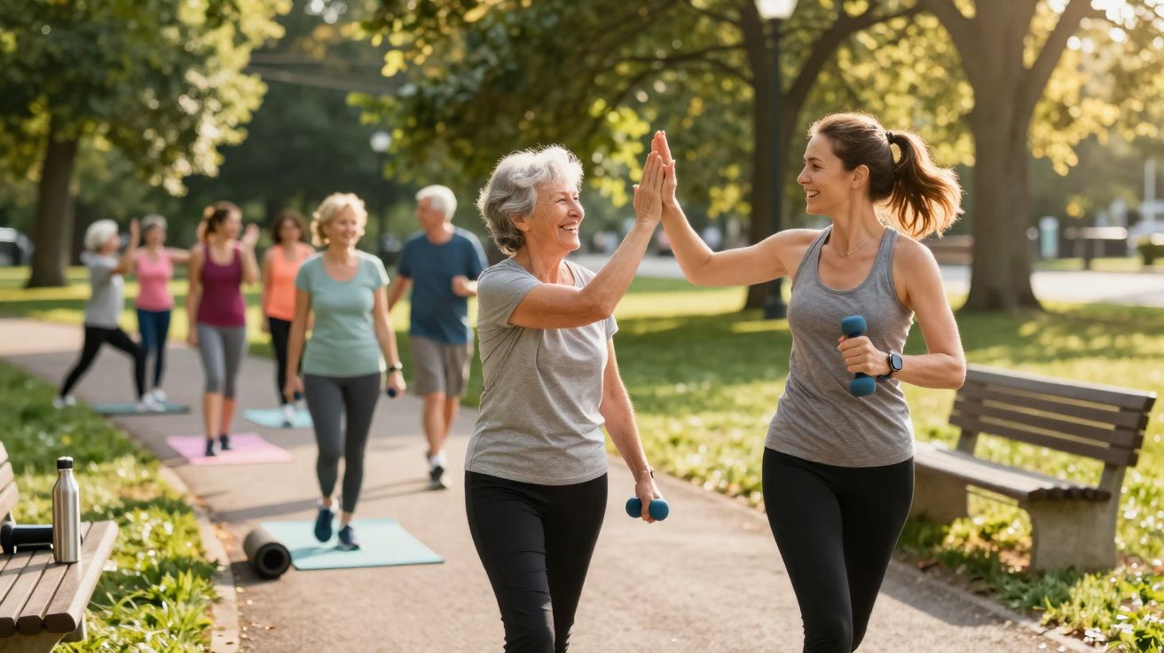 Duas mulheres sorrindo e cumprimentando com as mãos enquanto praticam exercícios ao ar livre em parque ensolarado.