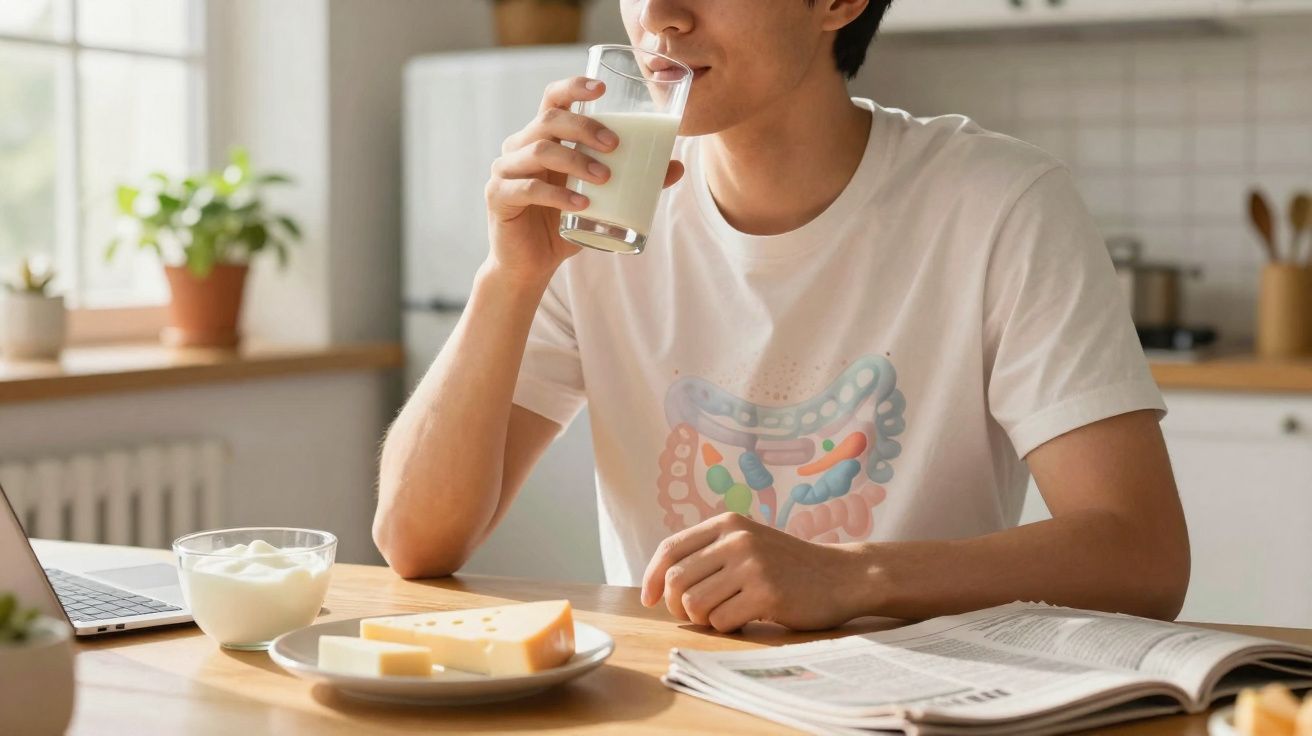 Homem bebendo leite em copo, com queijo e iogurte na mesa, ao lado de jornal e laptop.