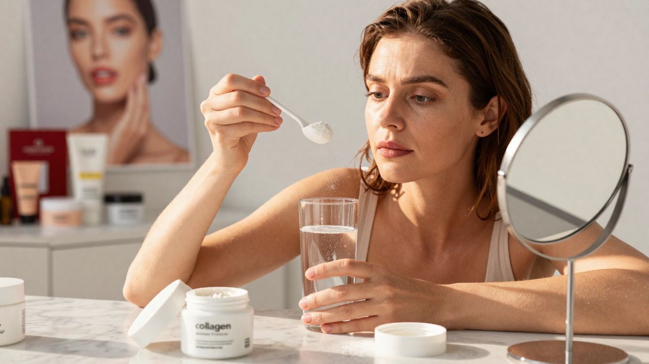 Mulher sentada à mesa, misturando suplemento em pó em copo de água, ao lado de espelho circular e potes de colágeno.