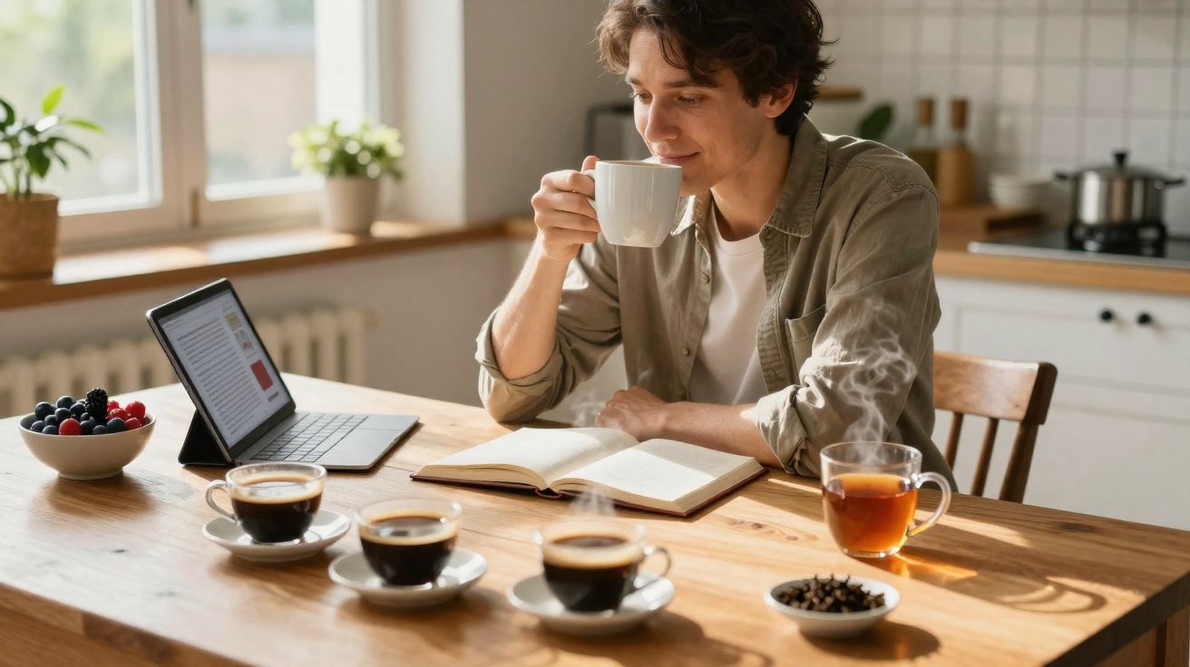 Homem sentado à mesa bebendo café, lendo livro, com tablet, frutas e xícaras de café à frente.