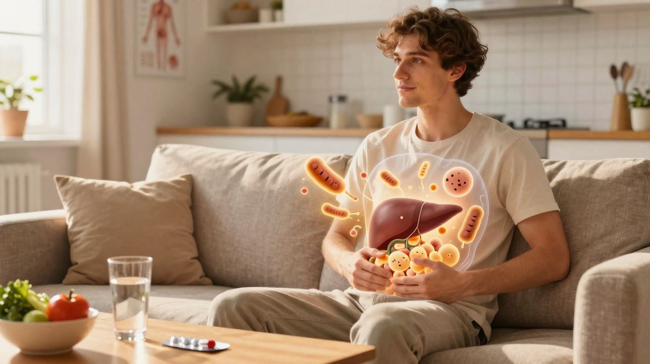 Jovem sentado no sofá com ilustração digital do fígado e bactérias intestinais sobreposta à barriga.
