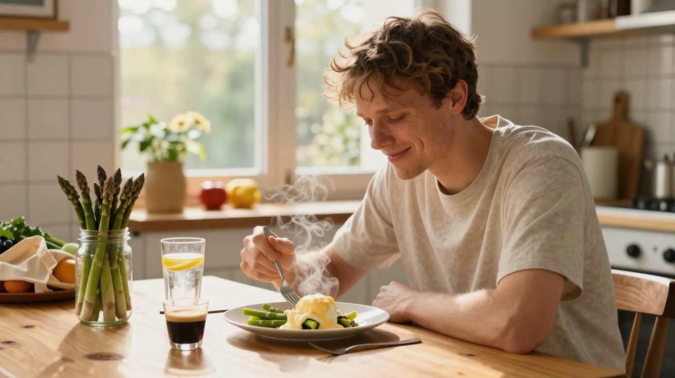 Jovem sorrindo enquanto come aspargos com molho em uma cozinha iluminada pela manhã.