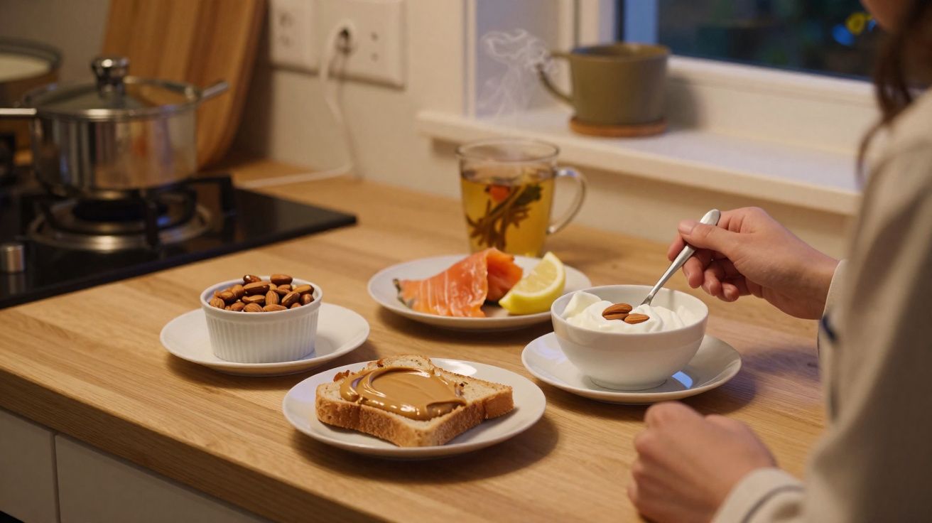 Pessoa na cozinha com lanche de pão com pasta de amendoim, bowl com iogurte e amêndoas, salmão, limão e chá quente.