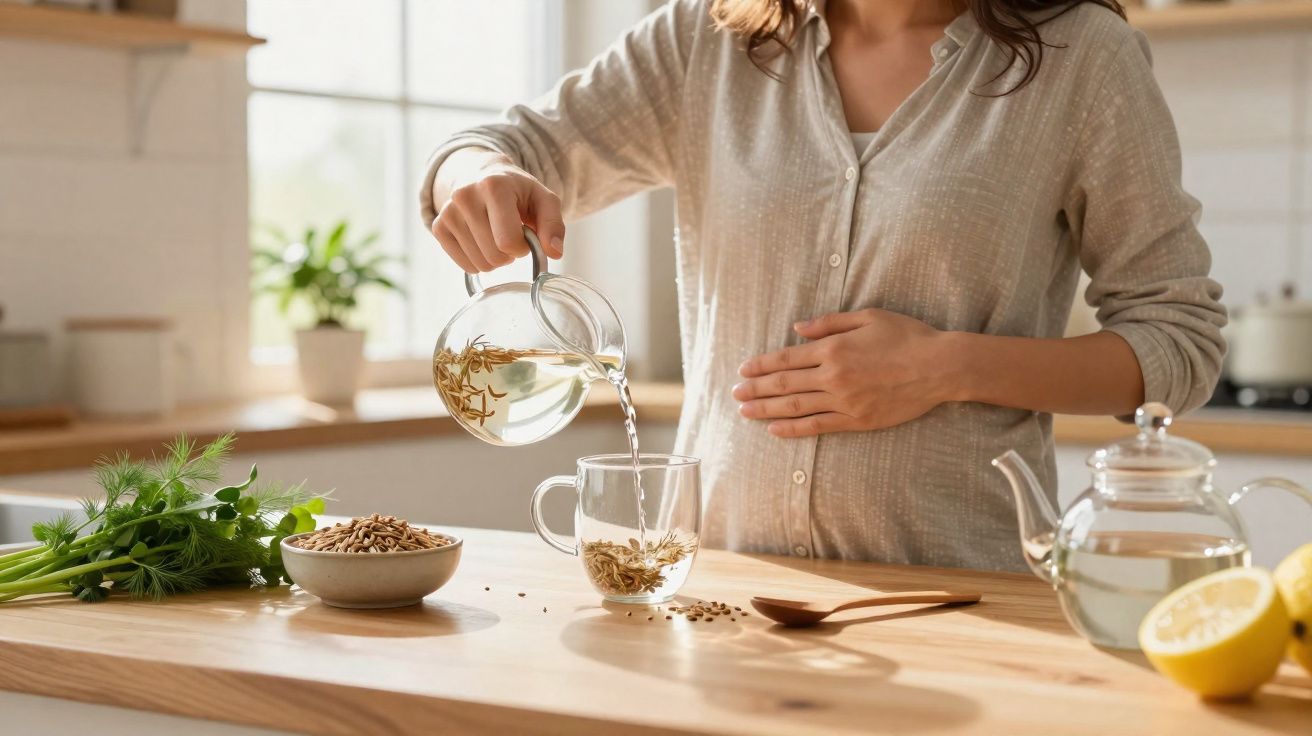 Mulher preparando chá de ervas em cozinha iluminada, com limão, ervas e sementes sobre a bancada.