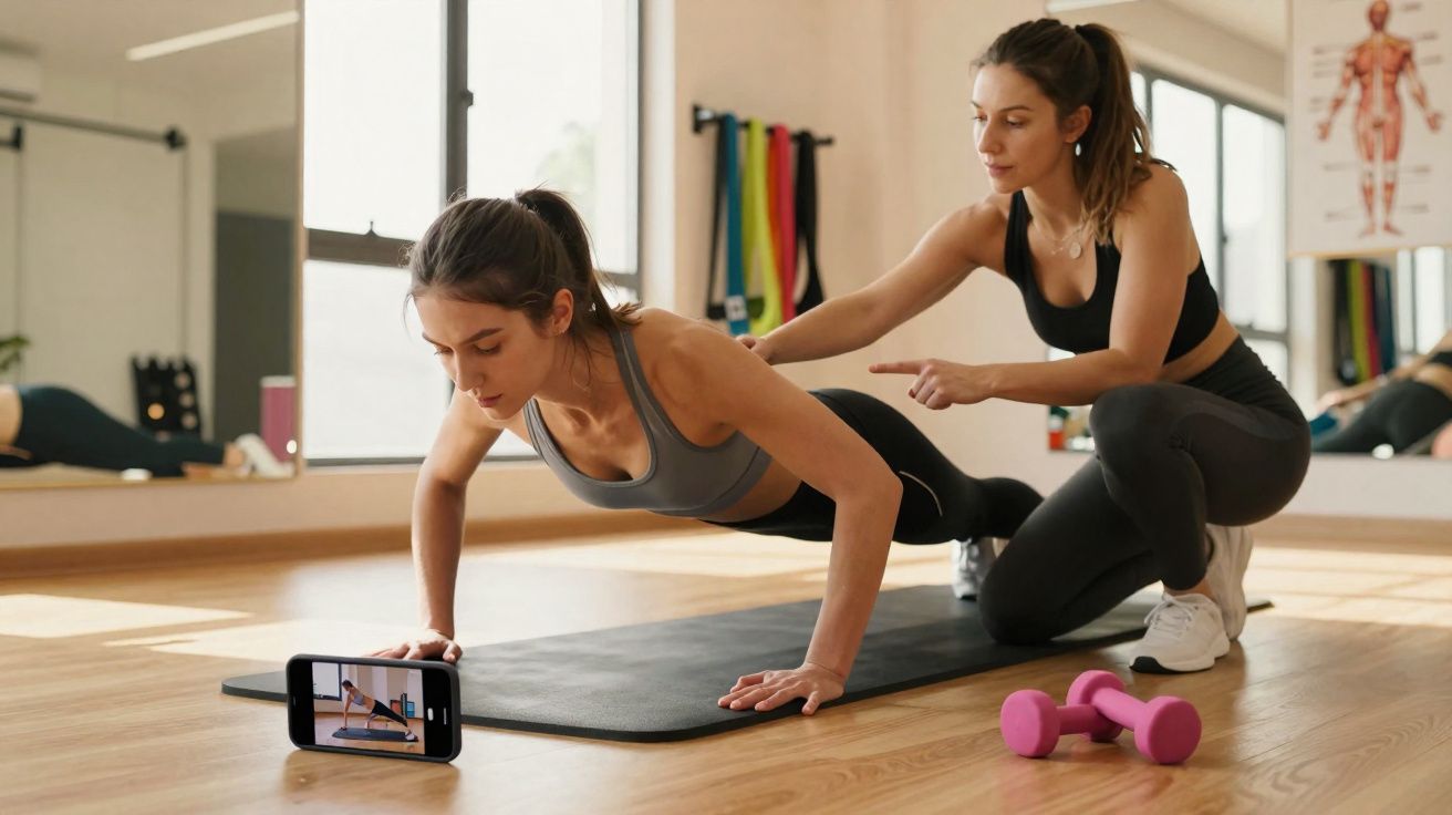 Mulher fazendo flexão com acompanhamento de instrutora em estúdio de ginástica iluminado.