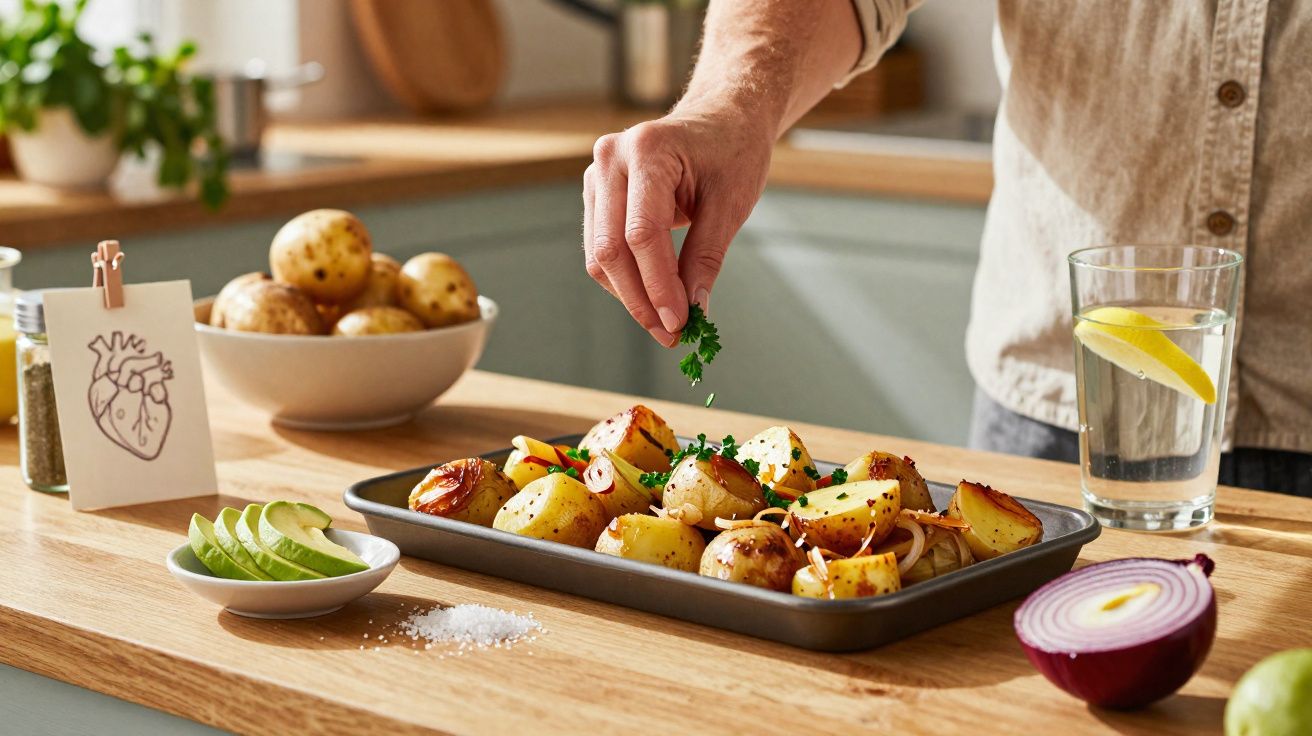Pessoa temperando batatas assadas com ervas em uma bandeja na cozinha.