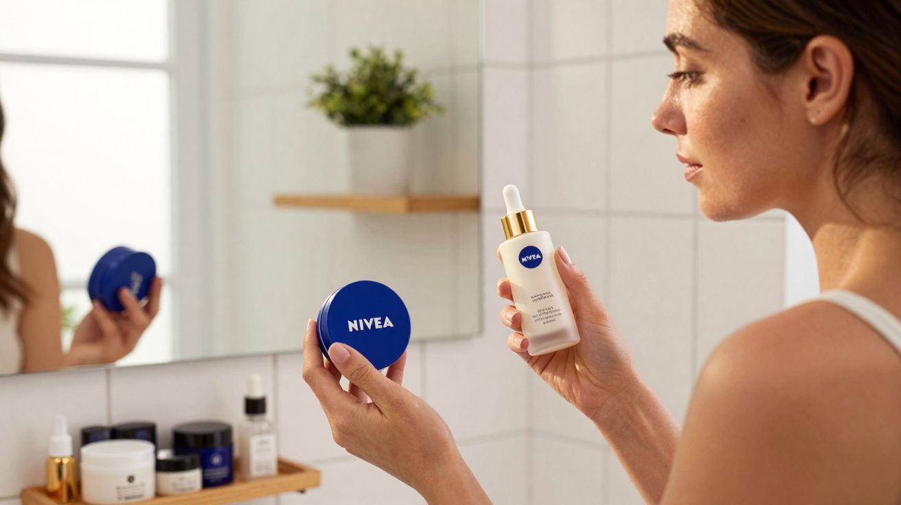 Mulher segurando produtos Nivea em frente ao espelho no banheiro, com balcão de madeira e planta ao fundo.