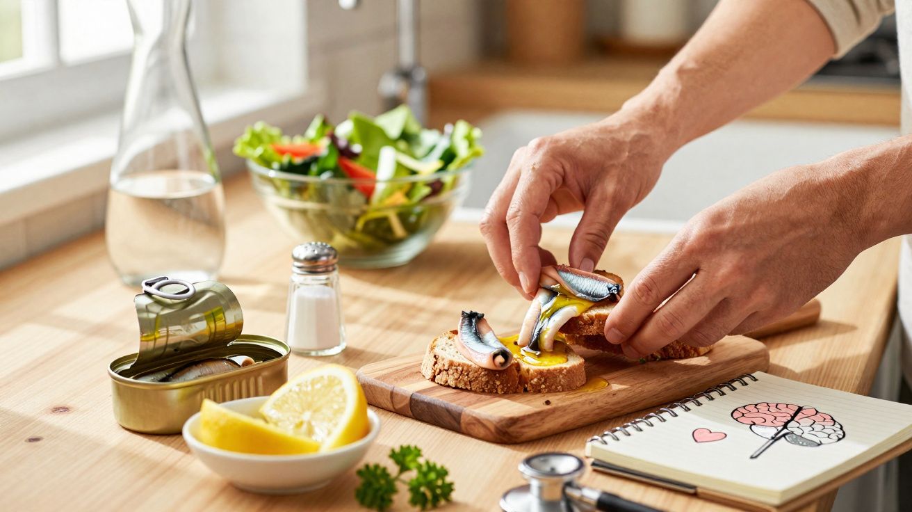 Mãos preparando torradas com sardinha e ovo em tábua, com salada, limão e caderneta com desenho de cérebro.