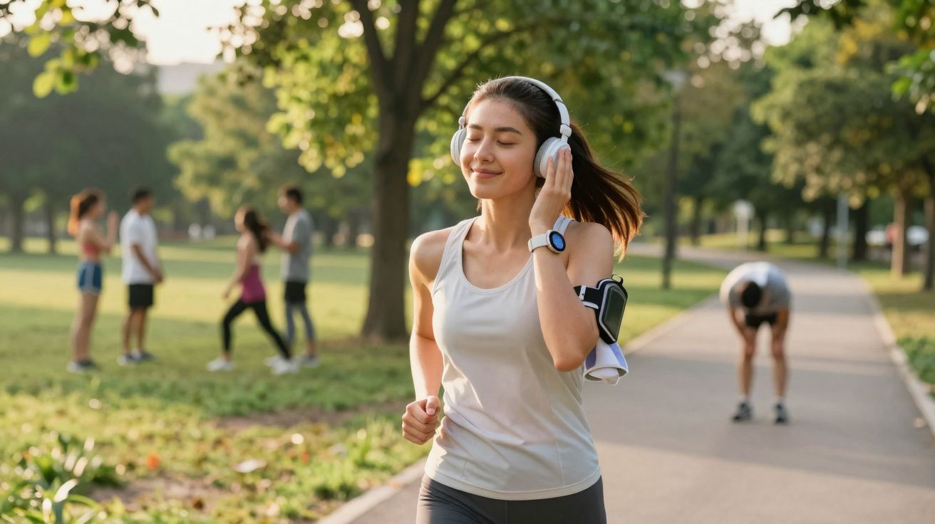 Mulher com fones de ouvido correndo em parque ensolarado com pessoas e árvores ao fundo.
