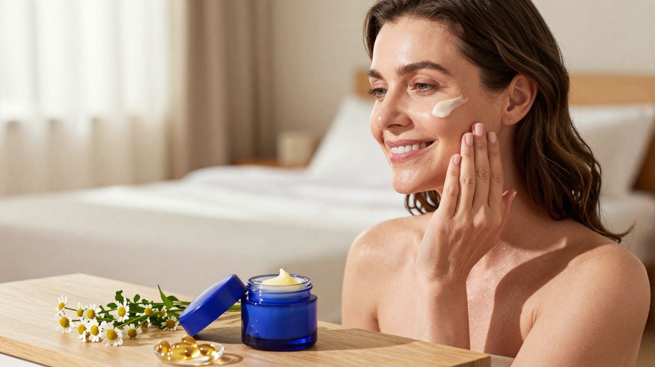 Mulher sorridente aplicando creme no rosto, com pote azul, cápsulas e flores sobre a mesa.