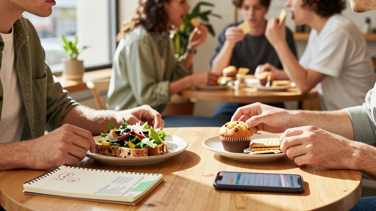 Pessoas sentadas em mesa com lanches, incluindo salada em pão, muffin e biscoitos, em ambiente iluminado.