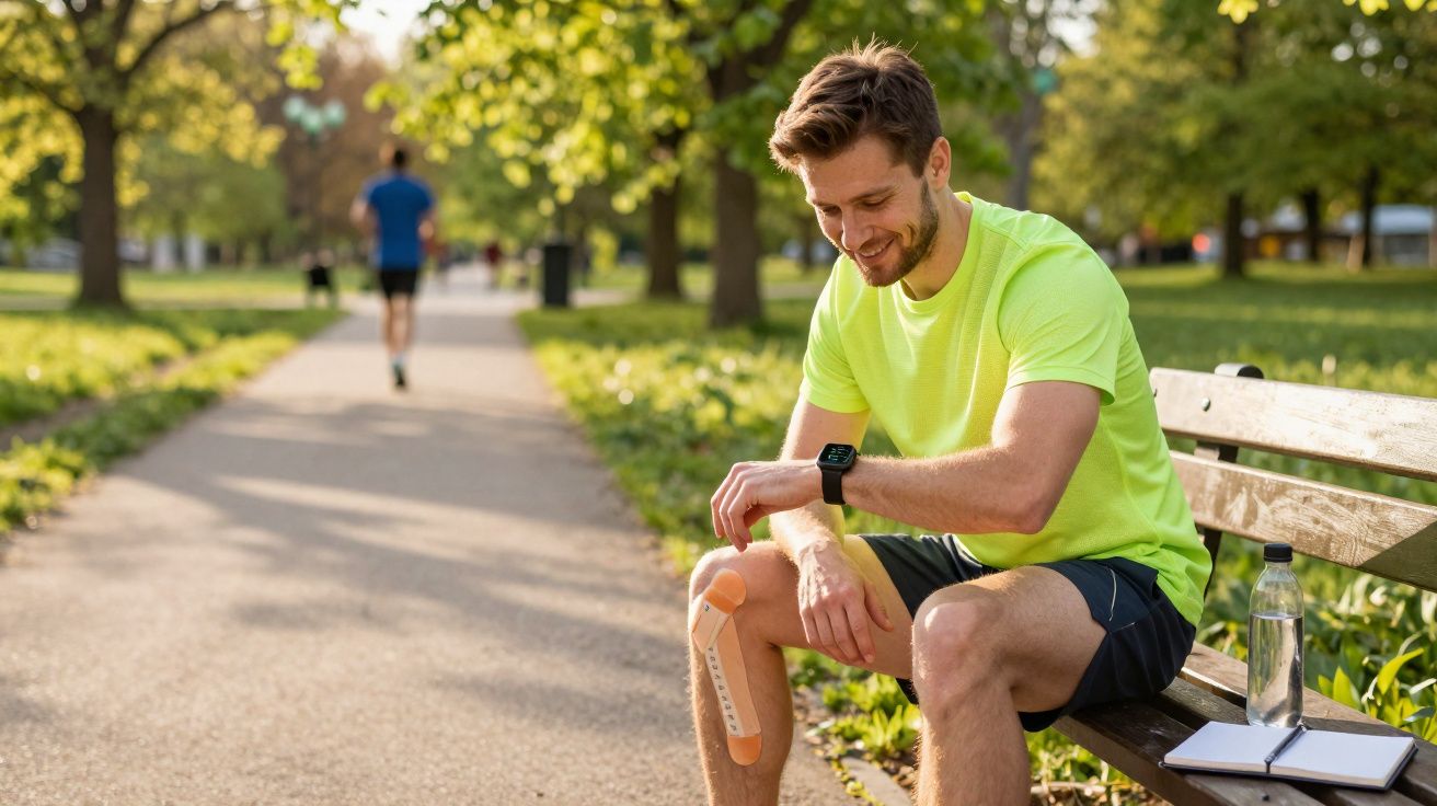 Homem sorridente sentado em banco no parque ajusta joelheira enquanto descansa após exercício.
