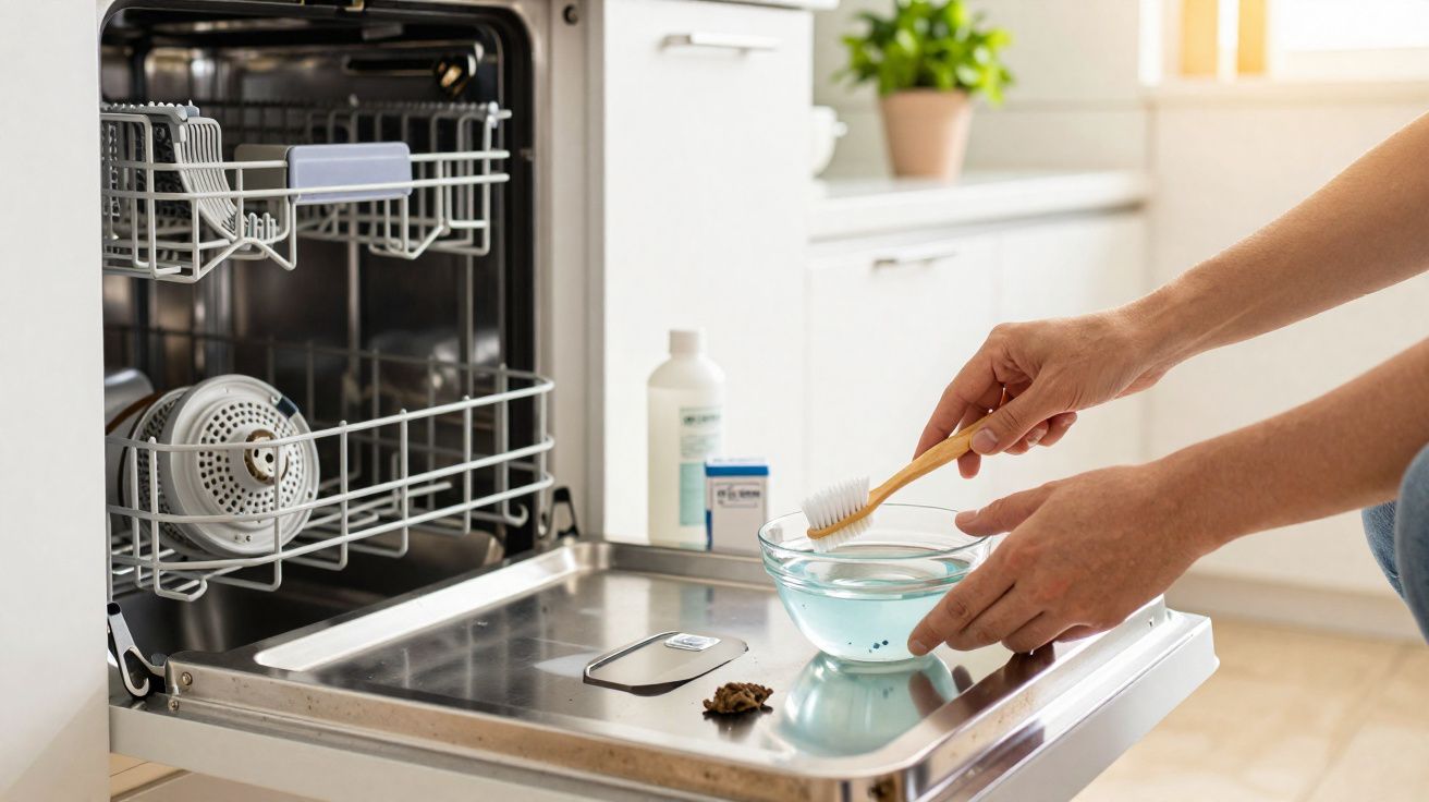 Pessoa limpando escova de dentes em tigela com água na porta aberta da lava-louças na cozinha.
