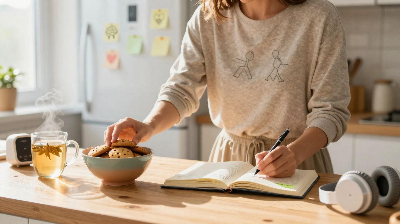 Pessoa escrevendo em caderno enquanto pega biscoito em cozinha iluminada com chá quente e fones à mesa.