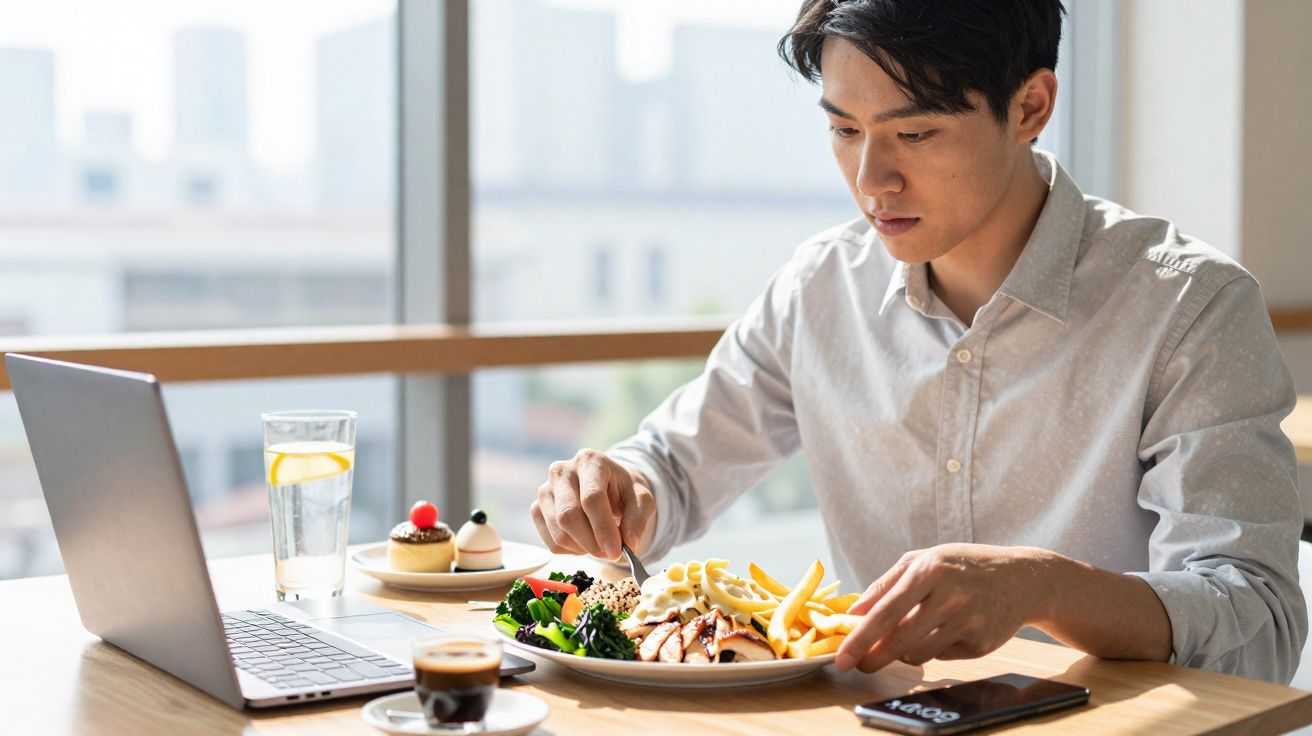Homem com camisa branca comendo enquanto trabalha em laptop em mesa com comida e bebida.