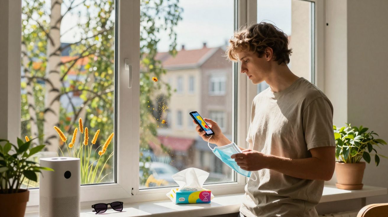 Homem jovem segurando máscara e celular, olhando pela janela com plantas e lenços ao redor.