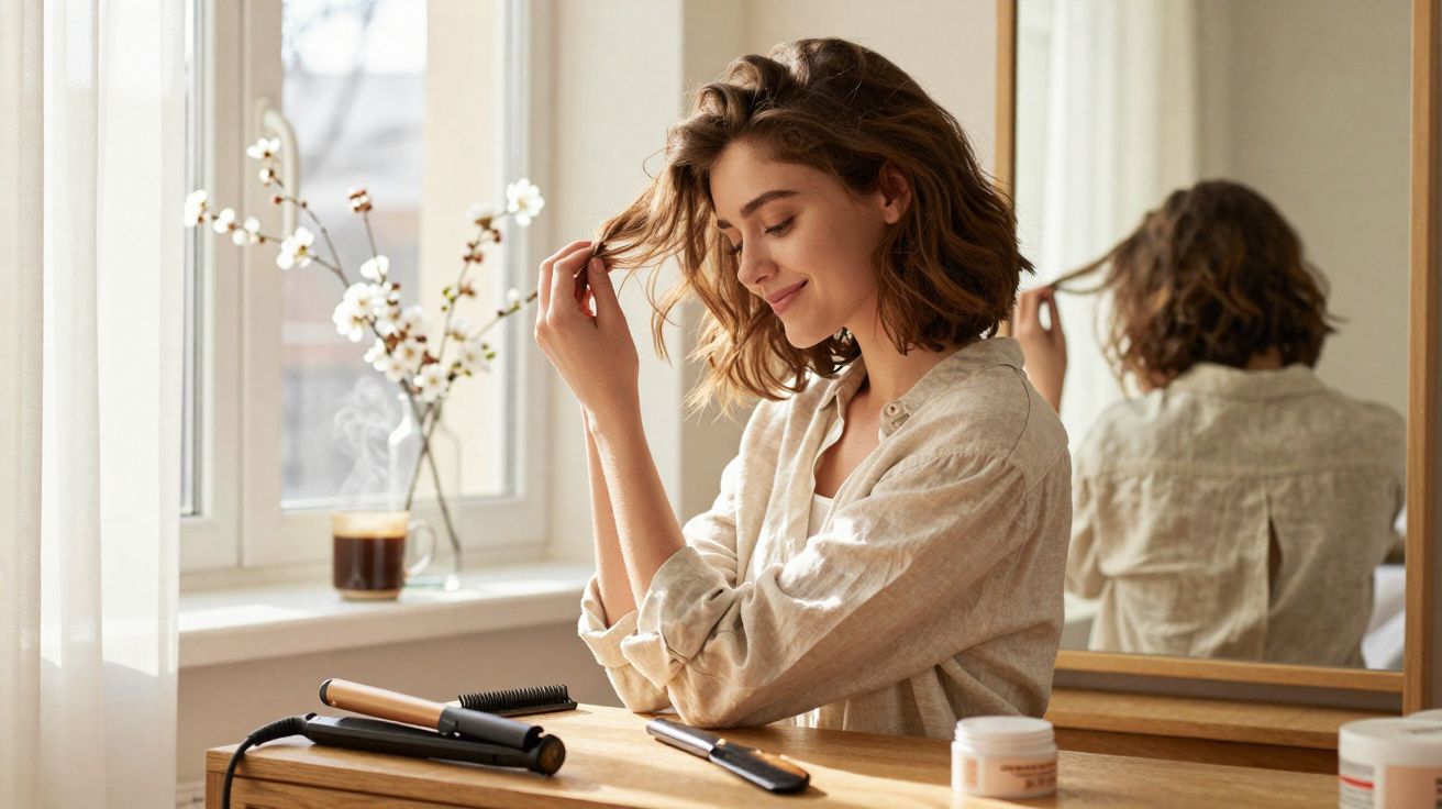 Mulher sorrindo e arrumando o cabelo em frente ao espelho, com secador e produtos sobre a mesa.