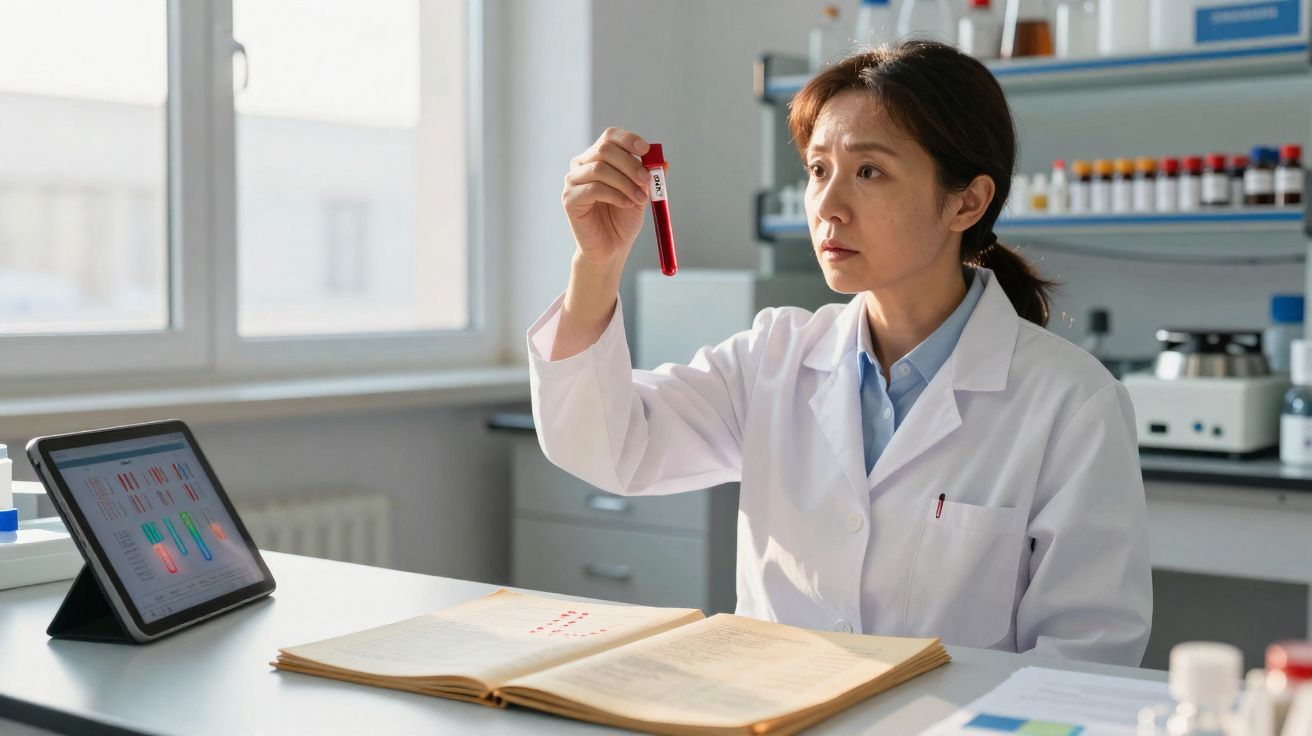 Cientista em laboratório analisando tubo de ensaio com líquido vermelho enquanto consulta livro aberto e tablet.