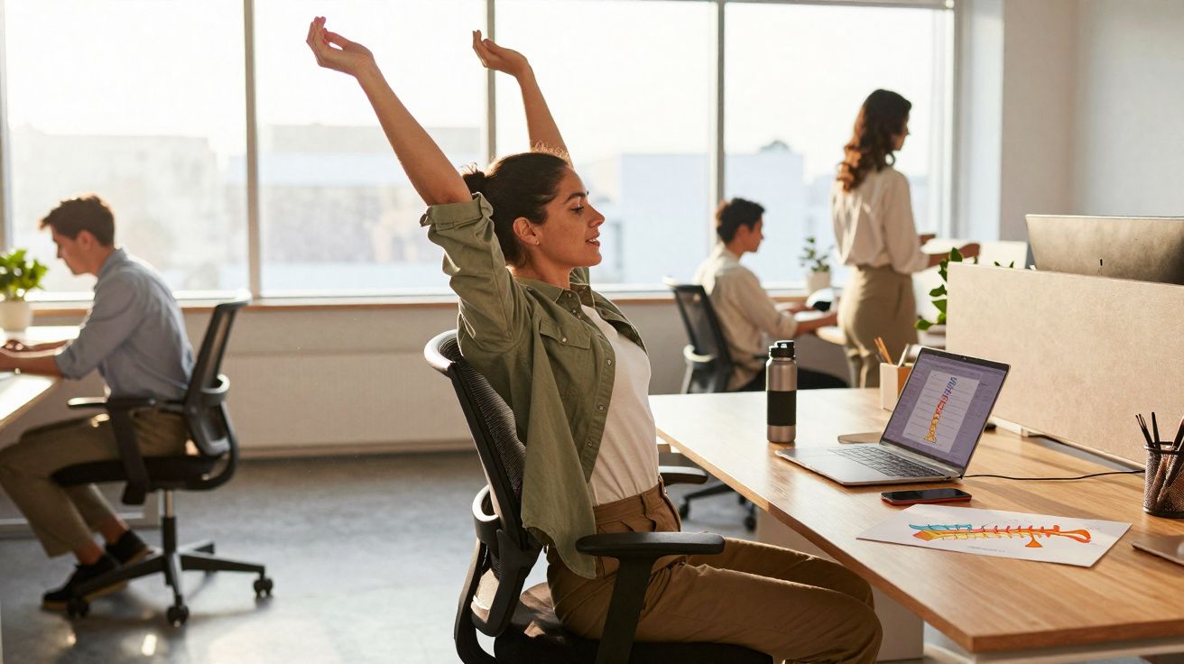 Mulher se espreguiçando na cadeira do escritório enquanto colegas trabalham ao fundo.