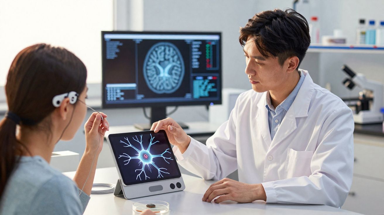 Pesquisador mostra modelo digital de neurônio para paciente usando dispositivo cerebral em laboratório.