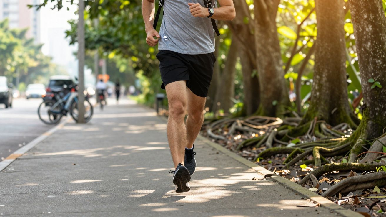 Homem correndo em calçada urbana com árvores e motos ao fundo em dia ensolarado.